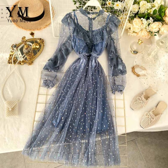 YuooMuoo Chic Romantic Pink Lace Dress Women Star Fashion Bling Bling  Ruffle Long Party Dress Spring Mesh Patchwork Ladies Dress