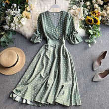 Load image into Gallery viewer, YuooMuoo Vintage Autumn V Neck Polka Dot Print Dress Women Elegant A Line Midi Dress Korean Fashion Long Sleeve Dress Vestido
