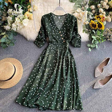 Load image into Gallery viewer, YuooMuoo Vintage Autumn V Neck Polka Dot Print Dress Women Elegant A Line Midi Dress Korean Fashion Long Sleeve Dress Vestido