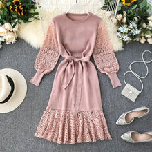 Load image into Gallery viewer, YuooMuoo Romantic Lace Crochet Knitted Pink Party Dress 2019 Autumn Winter Elegant Long Sleeve Sashes Bandage Dress Ladies Dress