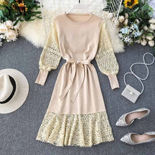 Load image into Gallery viewer, YuooMuoo Romantic Lace Crochet Knitted Pink Party Dress 2019 Autumn Winter Elegant Long Sleeve Sashes Bandage Dress Ladies Dress