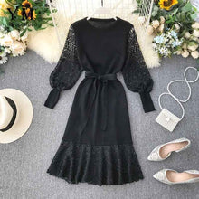 Load image into Gallery viewer, YuooMuoo Romantic Lace Crochet Knitted Pink Party Dress 2019 Autumn Winter Elegant Long Sleeve Sashes Bandage Dress Ladies Dress