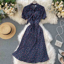 Load image into Gallery viewer, YuooMuoo Women Bow Neck Chiffon Dress Summer Flower Print Pleated Dress Female Short Sleeve Vintage Ruffle Midi Dress Vestidos