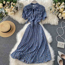 Load image into Gallery viewer, YuooMuoo Women Bow Neck Chiffon Dress Summer Flower Print Pleated Dress Female Short Sleeve Vintage Ruffle Midi Dress Vestidos