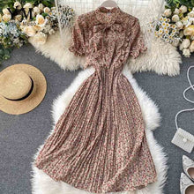 Load image into Gallery viewer, YuooMuoo Women Bow Neck Chiffon Dress Summer Flower Print Pleated Dress Female Short Sleeve Vintage Ruffle Midi Dress Vestidos