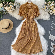 Load image into Gallery viewer, YuooMuoo Women Bow Neck Chiffon Dress Summer Flower Print Pleated Dress Female Short Sleeve Vintage Ruffle Midi Dress Vestidos