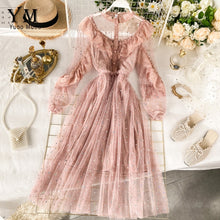 Load image into Gallery viewer, YuooMuoo Chic Romantic Pink Lace Dress Women Star Fashion Bling Bling Ruffle Long Party Dress Spring Mesh Patchwork Ladies Dress