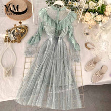 Load image into Gallery viewer, YuooMuoo Chic Romantic Pink Lace Dress Women Star Fashion Bling Bling Ruffle Long Party Dress Spring Mesh Patchwork Ladies Dress