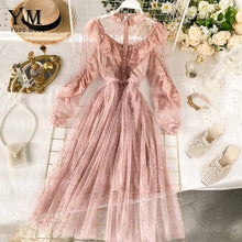 Load image into Gallery viewer, YuooMuoo Chic Romantic Pink Lace Dress Women Star Fashion Bling Bling Ruffle Long Party Dress Spring Mesh Patchwork Ladies Dress