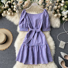 Load image into Gallery viewer, YuooMuoo 2020 Fashion Square Collar Vintage Plaid Bandage Dress Women Summer Elegant Ruffles Short Party Dress Hot Purple Dress
