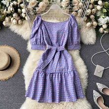Load image into Gallery viewer, YuooMuoo 2020 Fashion Square Collar Vintage Plaid Bandage Dress Women Summer Elegant Ruffles Short Party Dress Hot Purple Dress