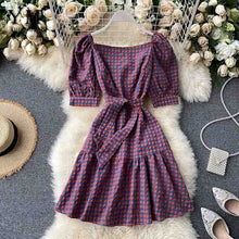 Load image into Gallery viewer, YuooMuoo 2020 Fashion Square Collar Vintage Plaid Bandage Dress Women Summer Elegant Ruffles Short Party Dress Hot Purple Dress
