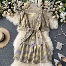 Load image into Gallery viewer, YuooMuoo 2020 Fashion Square Collar Vintage Plaid Bandage Dress Women Summer Elegant Ruffles Short Party Dress Hot Purple Dress