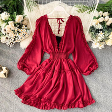 Load image into Gallery viewer, YuooMuoo Sexy Deep V Neck Women Dress 2019 Spring Early Fall Fashion High Waist Ruffle Bohemian Dress Korean Style Short Holiday