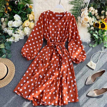 Load image into Gallery viewer, YuooMuoo 2019 Fall Korean Style Women Polka Dot Midi Dress Ins Hot Sashes Vintage Elegant Long Sleeve Green Dress Ladies Dresses