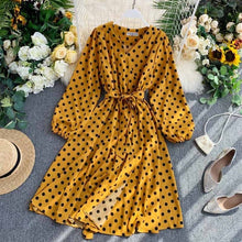 Load image into Gallery viewer, YuooMuoo 2019 Fall Korean Style Women Polka Dot Midi Dress Ins Hot Sashes Vintage Elegant Long Sleeve Green Dress Ladies Dresses