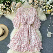 Load image into Gallery viewer, YuooMuoo New Fashion Summer Print Floral Chiffon Dress Women V-neck Flare Sleeve Bohemian Dress Short Beach Wrap Short Dress