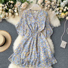 Load image into Gallery viewer, YuooMuoo New Fashion Summer Print Floral Chiffon Dress Women V-neck Flare Sleeve Bohemian Dress Short Beach Wrap Short Dress