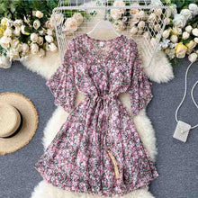 Load image into Gallery viewer, YuooMuoo New Fashion Summer Print Floral Chiffon Dress Women V-neck Flare Sleeve Bohemian Dress Short Beach Wrap Short Dress