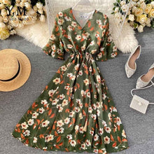 Load image into Gallery viewer, YuooMuoo New 2020 Women Chiffon Dress Summer Flower Elegant Drawstring Flare Sleeve Dress Ladies Bohemian High Waist Midi Dress