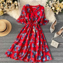 Load image into Gallery viewer, YuooMuoo New 2020 Women Chiffon Dress Summer Flower Elegant Drawstring Flare Sleeve Dress Ladies Bohemian High Waist Midi Dress
