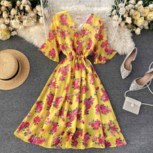 Load image into Gallery viewer, YuooMuoo New 2020 Women Chiffon Dress Summer Flower Elegant Drawstring Flare Sleeve Dress Ladies Bohemian High Waist Midi Dress