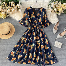 Load image into Gallery viewer, YuooMuoo New 2020 Women Chiffon Dress Summer Flower Elegant Drawstring Flare Sleeve Dress Ladies Bohemian High Waist Midi Dress