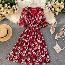 Load image into Gallery viewer, YuooMuoo New 2020 Women Chiffon Dress Summer Flower Elegant Drawstring Flare Sleeve Dress Ladies Bohemian High Waist Midi Dress