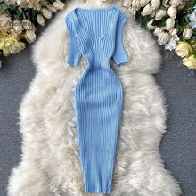Load image into Gallery viewer, YuooMuoo Deep V-neck Sexy Slim Bodycon Dress Women Summer Short Sleeve Knit Dress Work Wear Sheath Elegant Ladies Office Dress