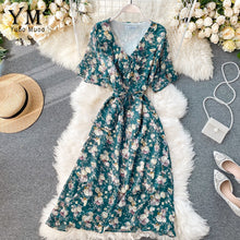 Load image into Gallery viewer, YuooMuoo Ins Fashion Ruffle V-neck Vacation Midi Dress Women Vintage Flower Print Chiffon Dress Summer Elegant Bohemian Dress