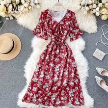 Load image into Gallery viewer, YuooMuoo Ins Fashion Ruffle V-neck Vacation Midi Dress Women Vintage Flower Print Chiffon Dress Summer Elegant Bohemian Dress