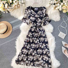 Load image into Gallery viewer, YuooMuoo Ins Fashion Ruffle V-neck Vacation Midi Dress Women Vintage Flower Print Chiffon Dress Summer Elegant Bohemian Dress
