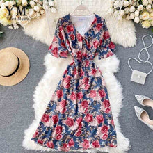 Load image into Gallery viewer, YuooMuoo Ins Fashion Ruffle V-neck Vacation Midi Dress Women Vintage Flower Print Chiffon Dress Summer Elegant Bohemian Dress
