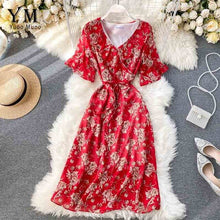 Load image into Gallery viewer, YuooMuoo Ins Fashion Ruffle V-neck Vacation Midi Dress Women Vintage Flower Print Chiffon Dress Summer Elegant Bohemian Dress