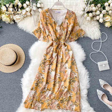 Load image into Gallery viewer, YuooMuoo Ins Fashion Ruffle V-neck Vacation Midi Dress Women Vintage Flower Print Chiffon Dress Summer Elegant Bohemian Dress