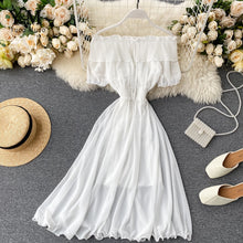 Load image into Gallery viewer, YuooMuoo 2020 Women Summer Dress Fashion White Off Shoulder Chiffon Dress Solid Vestidos Short Puff Sleeve Ruffles Holiday Dress