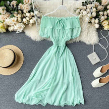 Load image into Gallery viewer, YuooMuoo 2020 Women Summer Dress Fashion White Off Shoulder Chiffon Dress Solid Vestidos Short Puff Sleeve Ruffles Holiday Dress