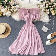 Load image into Gallery viewer, YuooMuoo 2020 Women Summer Dress Fashion White Off Shoulder Chiffon Dress Solid Vestidos Short Puff Sleeve Ruffles Holiday Dress