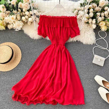 Load image into Gallery viewer, YuooMuoo 2020 Women Summer Dress Fashion White Off Shoulder Chiffon Dress Solid Vestidos Short Puff Sleeve Ruffles Holiday Dress
