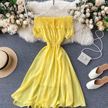 Load image into Gallery viewer, YuooMuoo 2020 Women Summer Dress Fashion White Off Shoulder Chiffon Dress Solid Vestidos Short Puff Sleeve Ruffles Holiday Dress