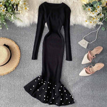 Load image into Gallery viewer, YuooMuoo Irregular Beading Ruffle Mermaid Midi Dress Women Elegant Long Sleeve Party Dress Autumn Knitted Ladies Dresses Tunic