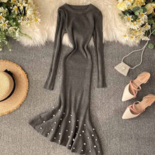 Load image into Gallery viewer, YuooMuoo Irregular Beading Ruffle Mermaid Midi Dress Women Elegant Long Sleeve Party Dress Autumn Knitted Ladies Dresses Tunic