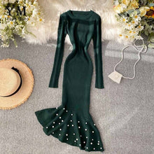 Load image into Gallery viewer, YuooMuoo Irregular Beading Ruffle Mermaid Midi Dress Women Elegant Long Sleeve Party Dress Autumn Knitted Ladies Dresses Tunic