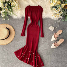Load image into Gallery viewer, YuooMuoo Irregular Beading Ruffle Mermaid Midi Dress Women Elegant Long Sleeve Party Dress Autumn Knitted Ladies Dresses Tunic